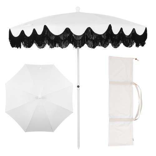 Jonathan Y Mariner 6.5 Ft. Classic Cottage Fringe Tassel Market Beach Umbrella With Push Button Tilt In Brown