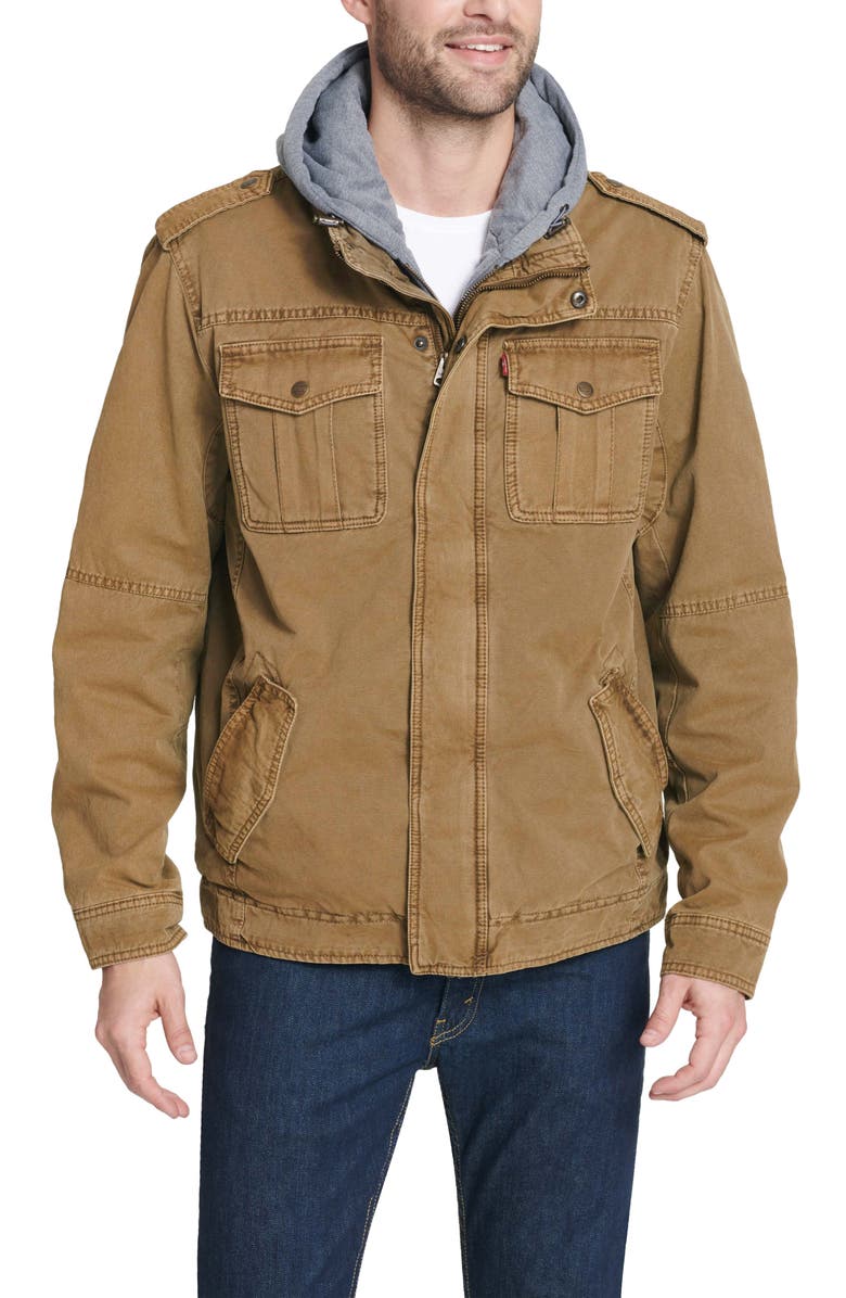 Levi's<sup>®</sup> Washed Cotton Faux Shearling Lined Hooded Military Jacket, Alternate, color, Khaki
