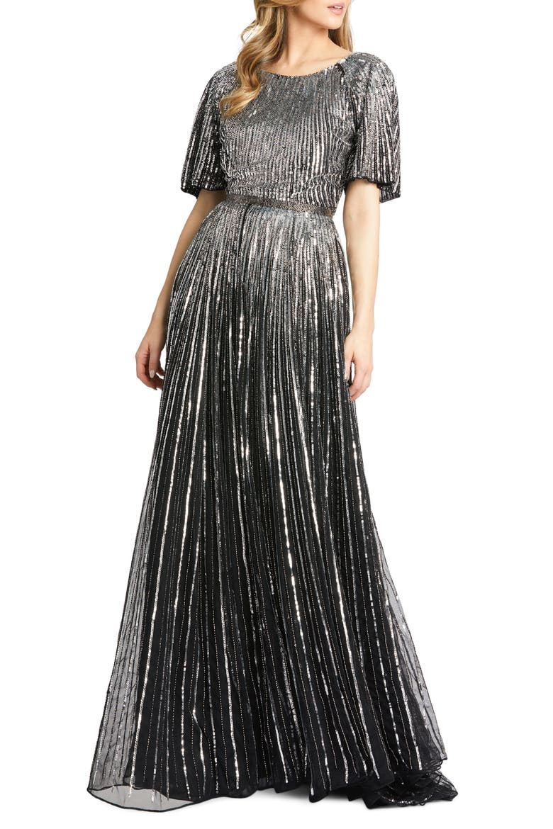 Sequin Stripe Gown with Train, Main, color, BLACK SILVER