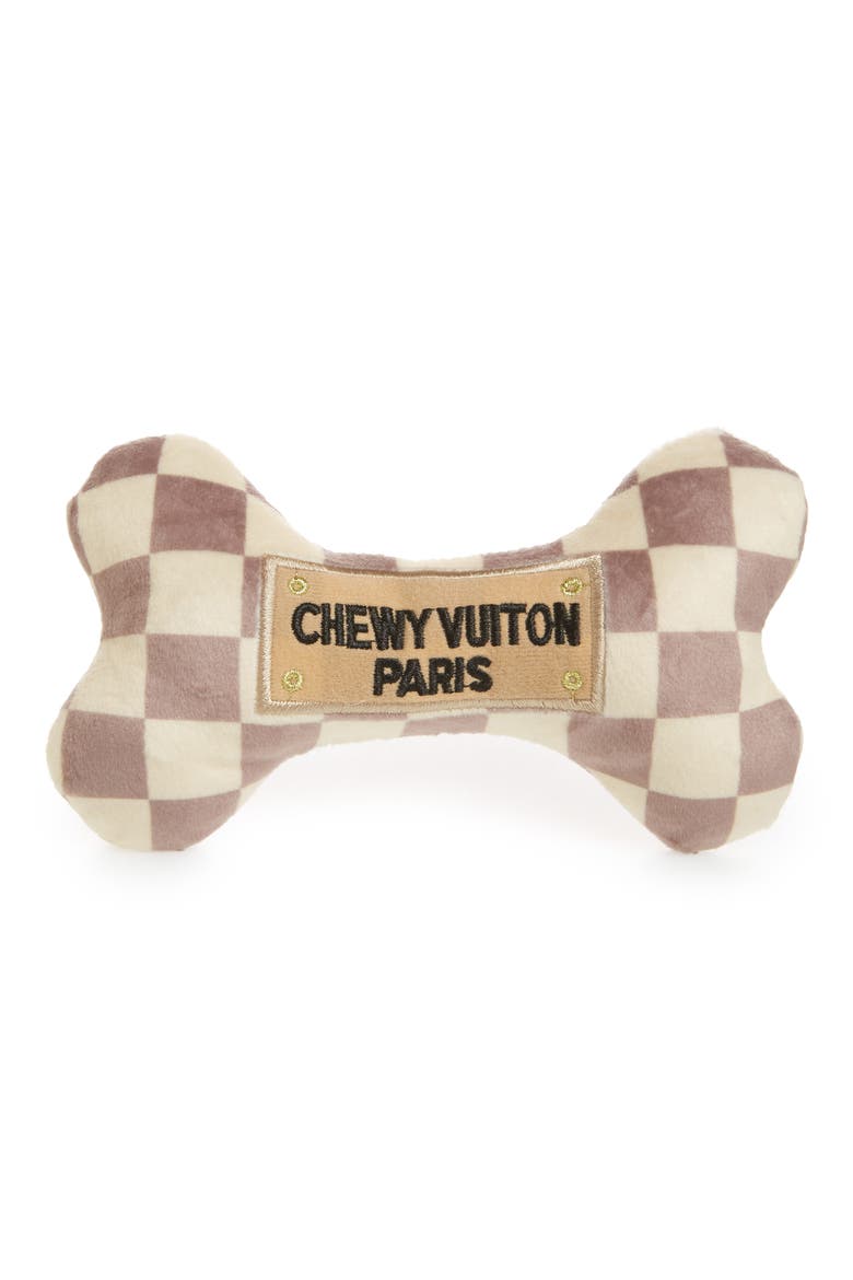 Chewy Vuiton Checker Bone Plush Dog Toy, Main, color, BROWN/ TAN