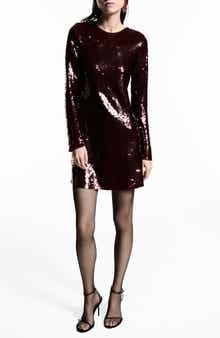MANGO Scoop Back Long Sleeve Sequin Minidress