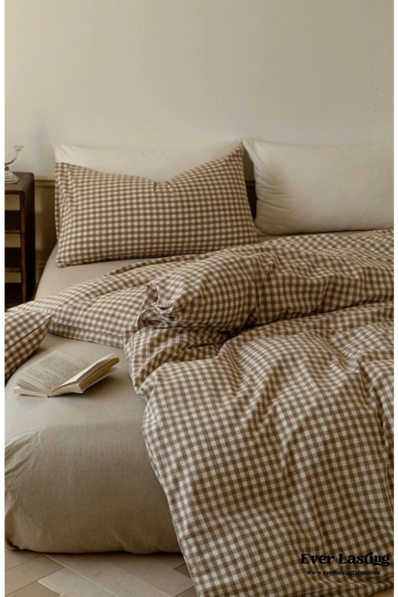 Gingham Washed Cotton Bedding Set, Alternate, color, Brown Gingham, Fitted