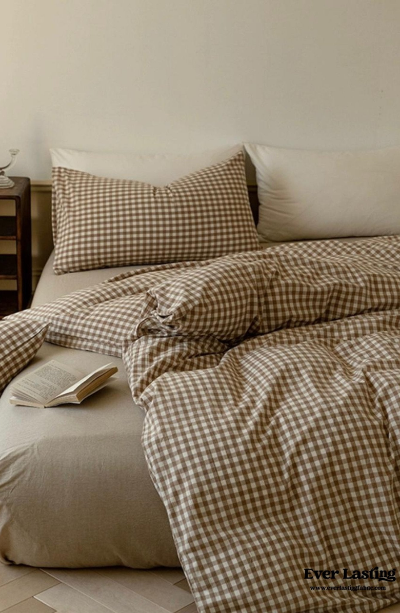 Ever Lasting Gingham Washed Cotton Bedding Set, Alternate, color, Brown Gingham, Fitted