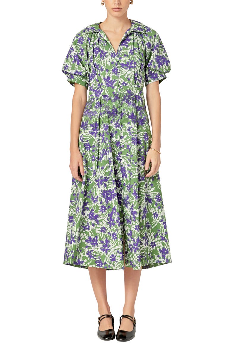 Print Pleat Midi Dress, Main, color, OLIVE MULTI