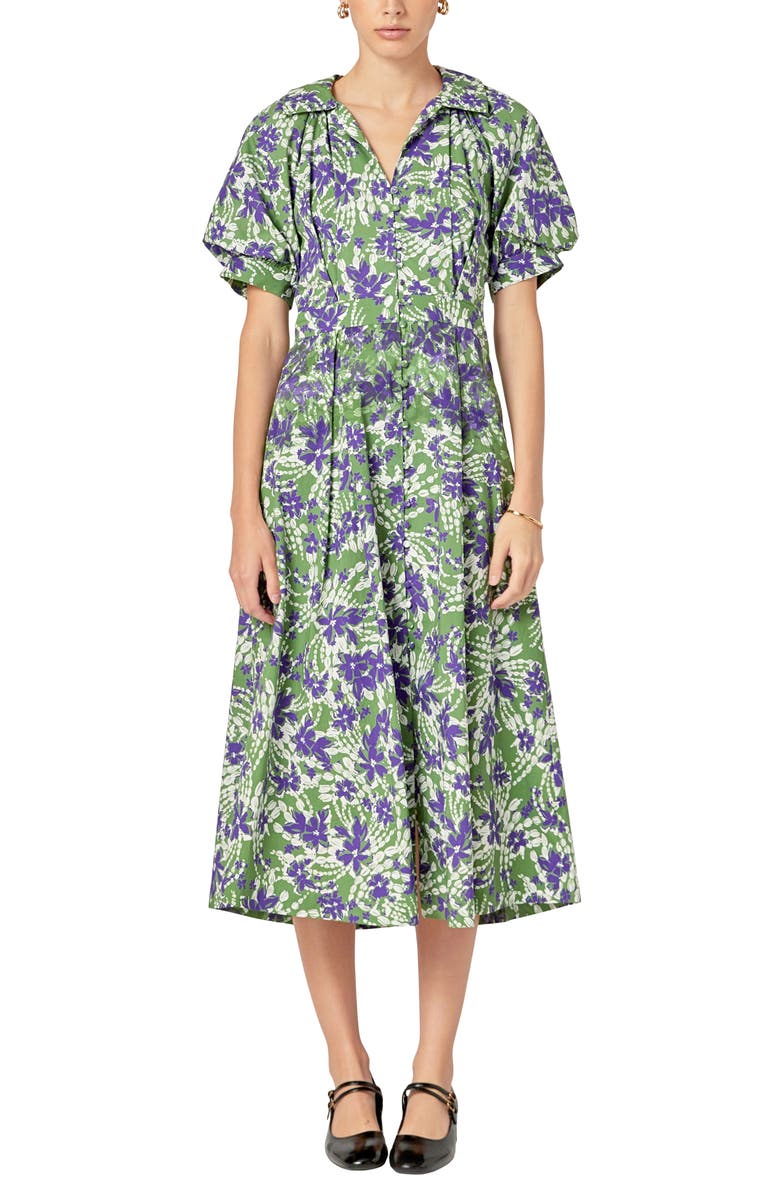 English Factory Print Pleat Midi Dress, Main, color, Olive Multi