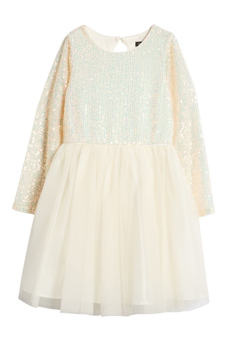 Kids' Long Sleeve Sequin & Mesh Dress, Main, color, CHAMPAGNE