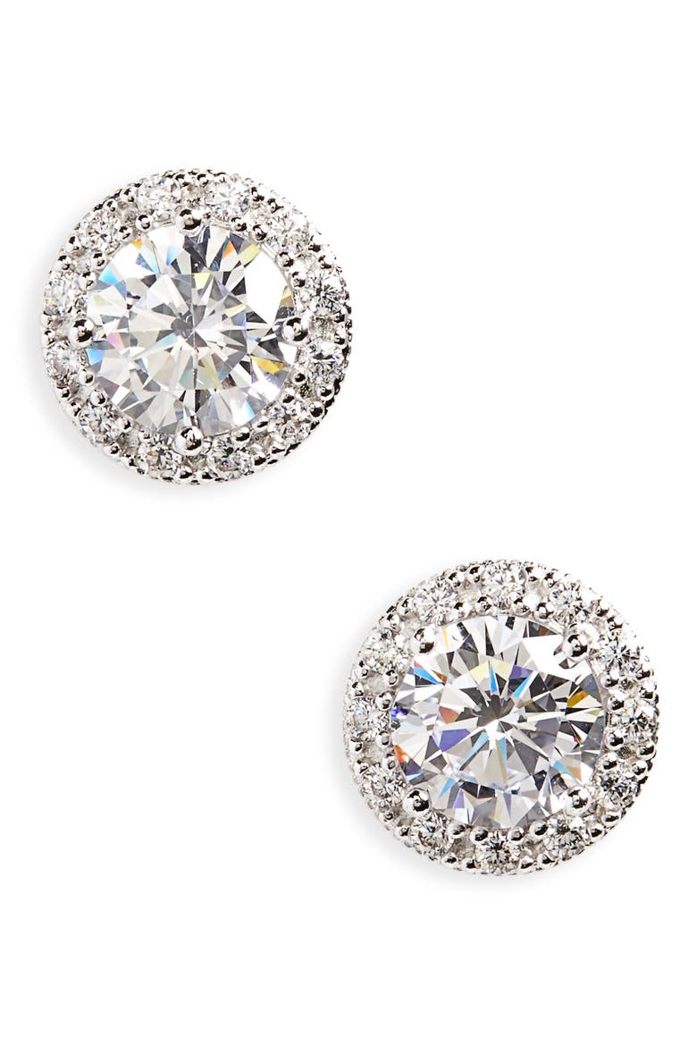 Gift Boxed Halo Cubic Zirconia Stud Earrings, Main, color, PLATINUM PLATED SILVER