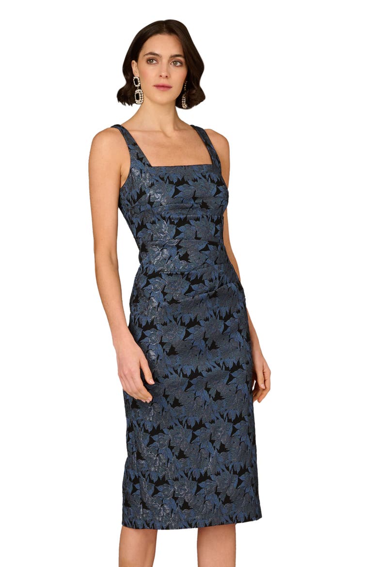 Metallic Floral Jacquard Cocktail Midi Dress, Alternate, color, BLACK/ NAVY
