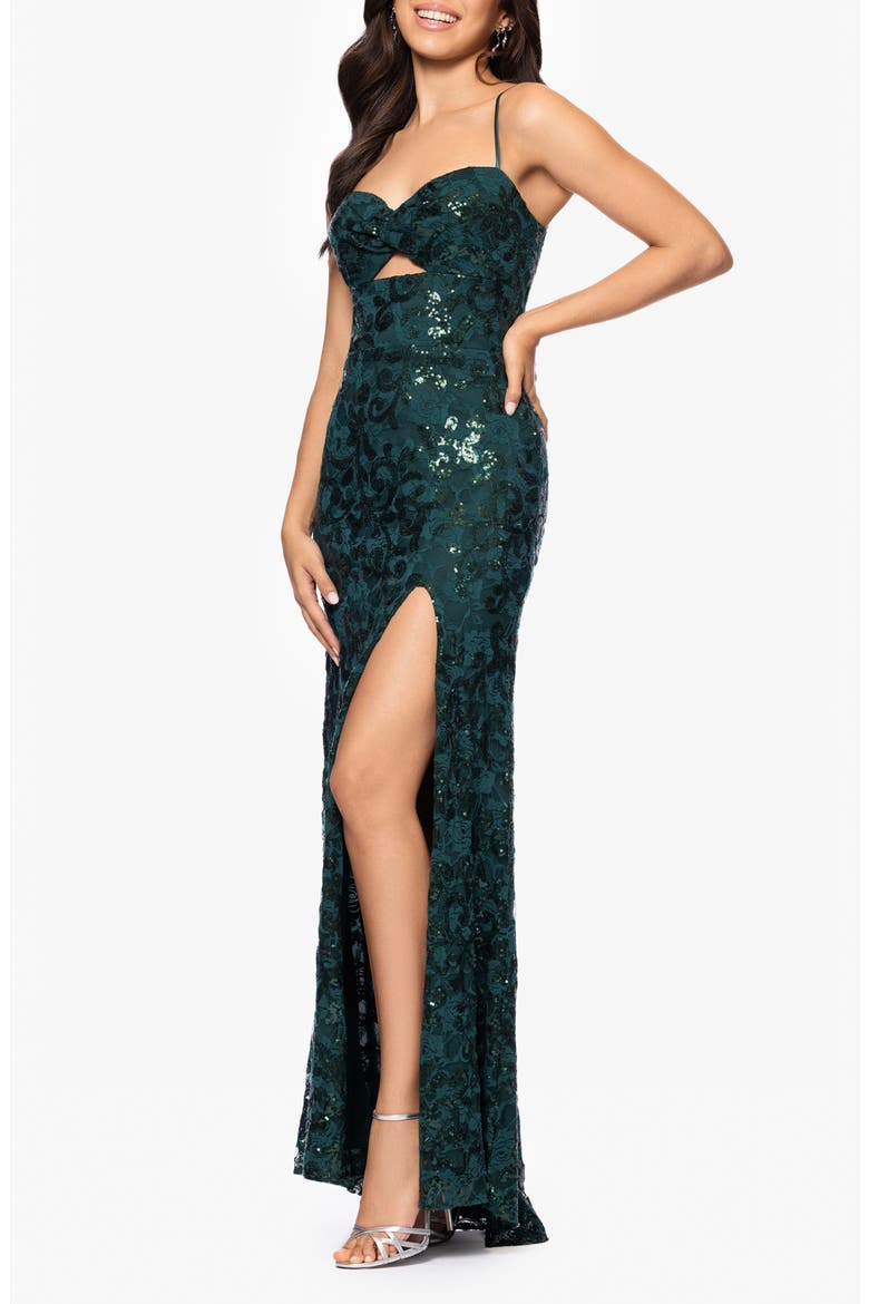 Sequin Floral Lace Cutout Detail Gown, Alternate, color, HUNTER