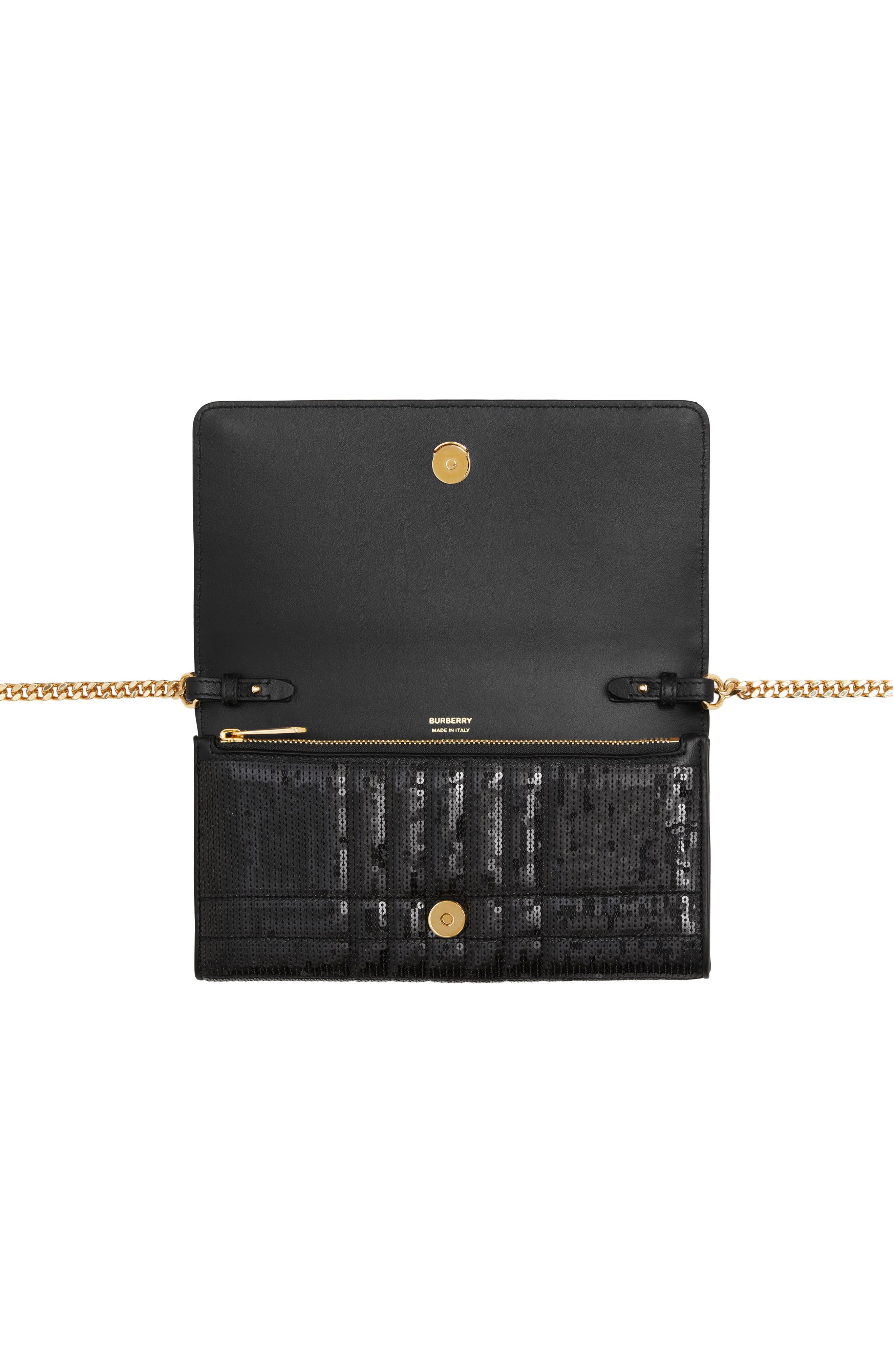 Lola Quilted Sequined Leather Wallet on a Chain, Alternate, color, BLACK