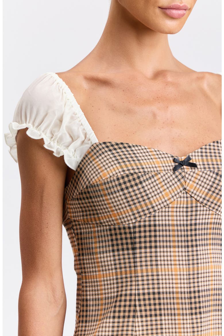 Puff Sleeve Godet Minidress, Alternate, color, NEUTRAL ORANGE GLENPLAID