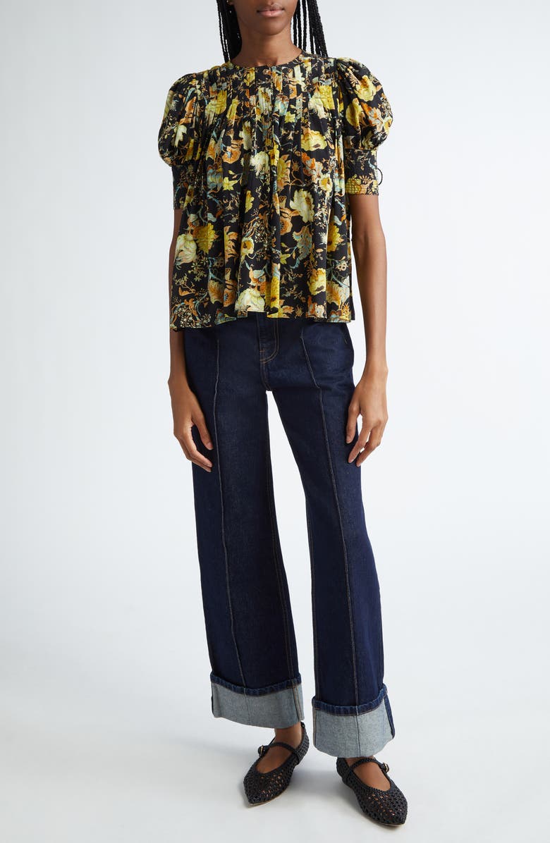Ulla Johnson Marion Floral Pintuck Silk Trapeze Top, Alternate, color, 