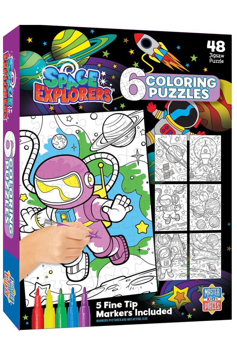 48 Piece Coloring Puzzles - Space Explorers - 6-Pack with Markers, Main, color, Multicolor