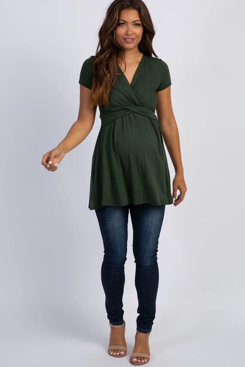 Light Blue Draped Front Maternity Nursing Top, Alternate, color, Light Olive