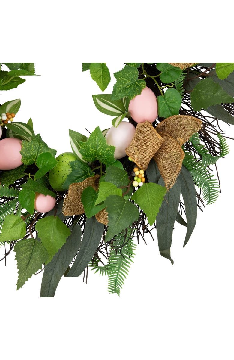 Northlight Easter Egg and Burlap Ribbon Mixed Foliage Twig Wreath - 22", Alternate, color, Green