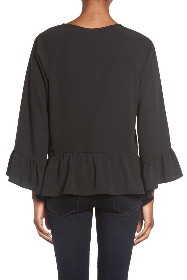 Gibson Bell Sleeve Ruffle Hem Blouse, Alternate, color, BLACK
