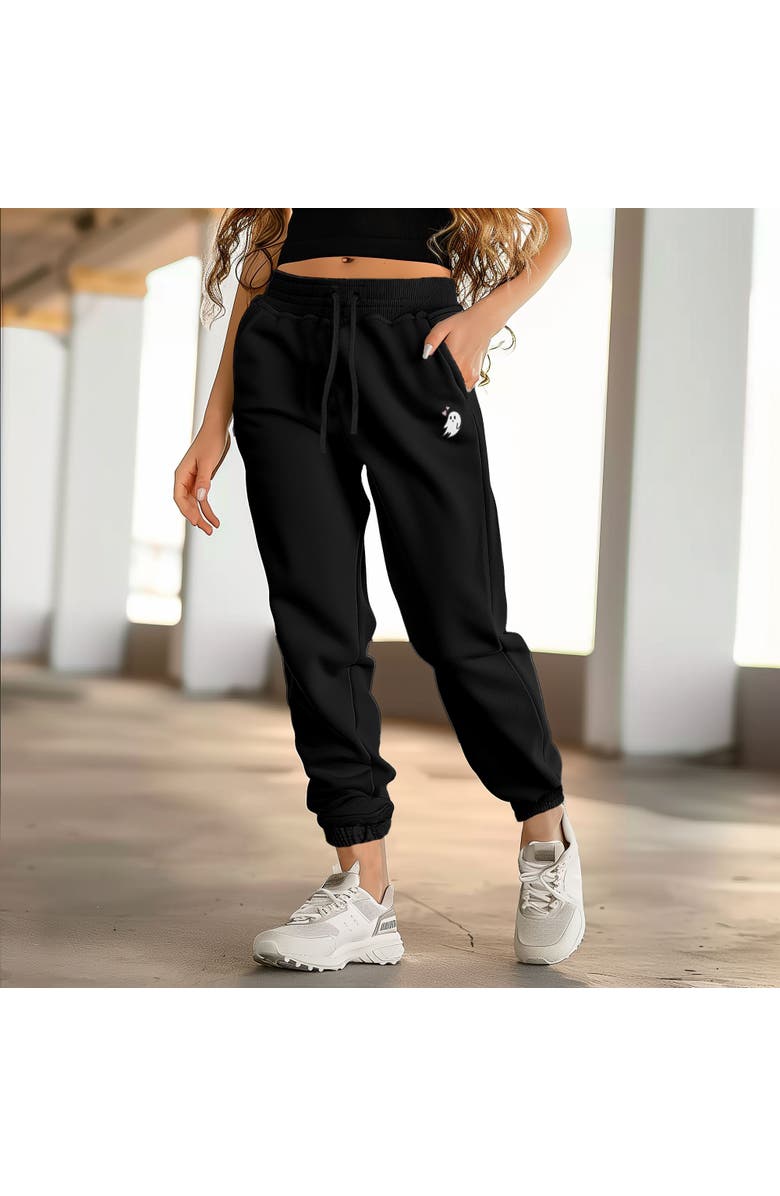 Dalix Womens Heartly Ghost Embroidered Fleece Sweatpants, Alternate, color, Black