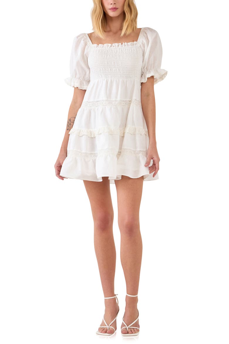 Smocked Cotton & Linen Minidress, Main, color, WHITE