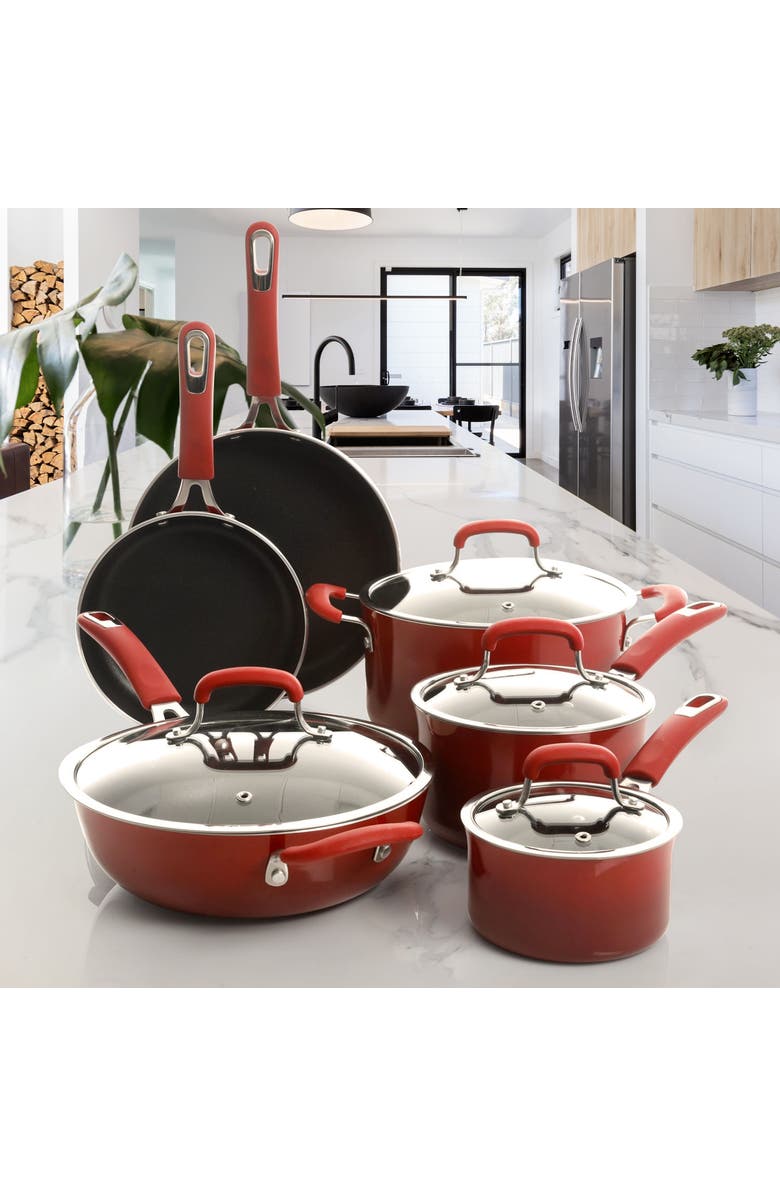 Kenmore Elite Andover 10 Piece Nonstick Aluminum Cookware Set, Alternate, color, Red Gradient