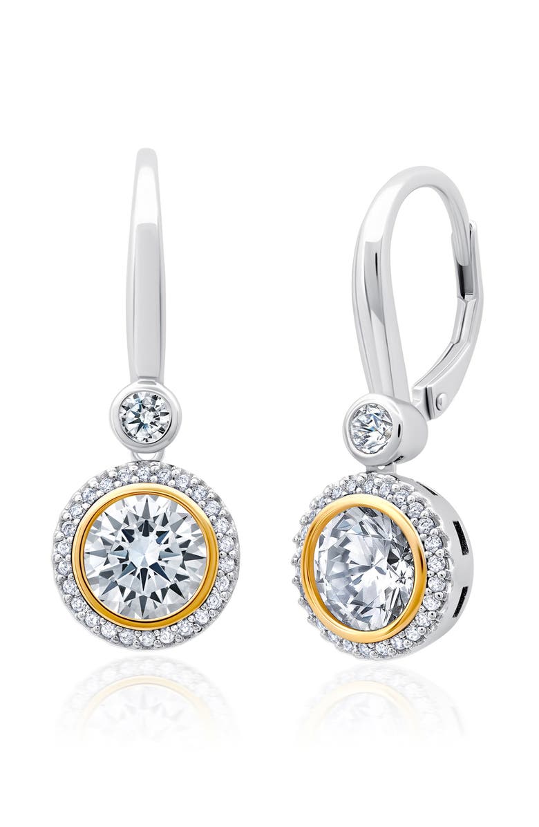 Crislu 2-Tone Halo Leverback Earrings, Main, color, Pure Platinum/ Clear Stone