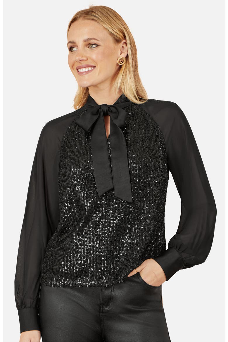 Sequin Pussy Bow Top, Main, color, Black