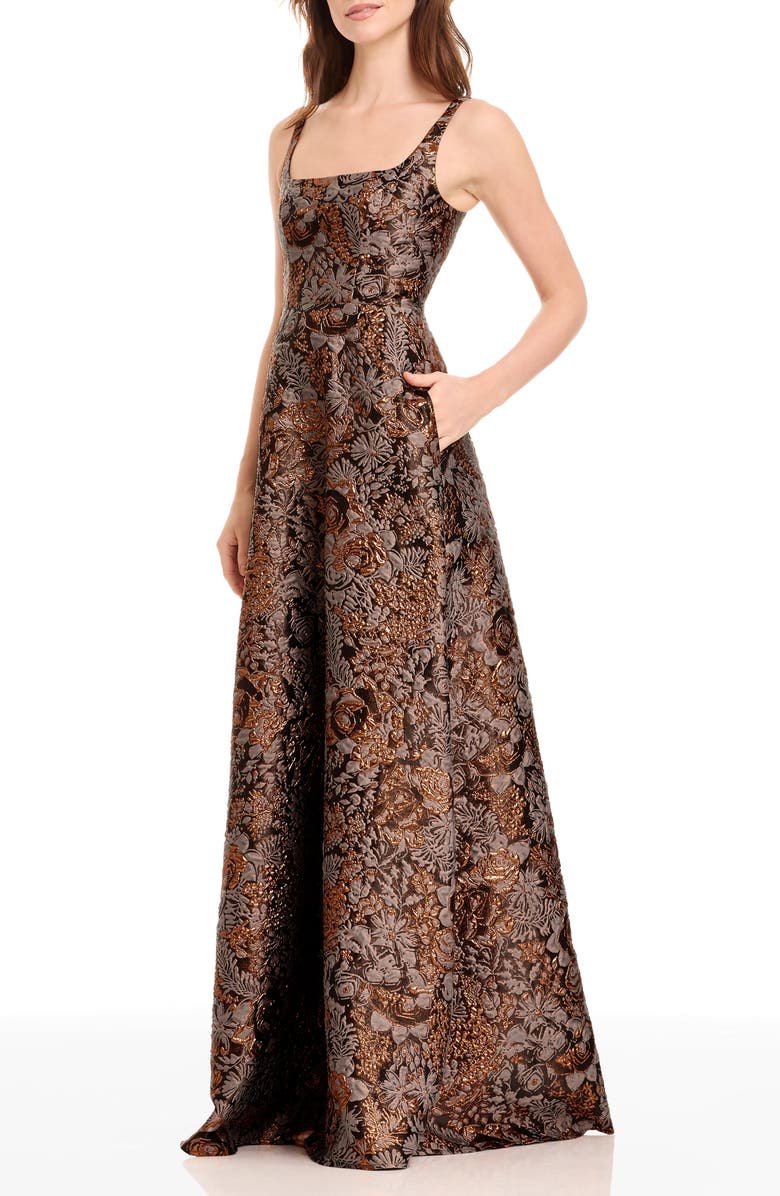 Dress the Population Vienna Metallic Floral Jacquard A-Line Gown, Alternate, color, Bronze Multi