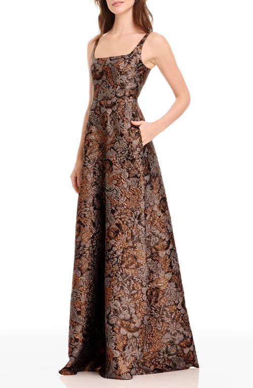 Dress The Population Vienna Metallic Floral Jacquard A-line Gown In Brown