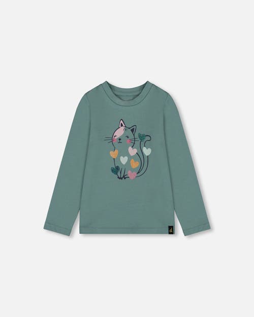 Deux Par Deux Kids'  Organic Cotton T-shirt With Cat In Green