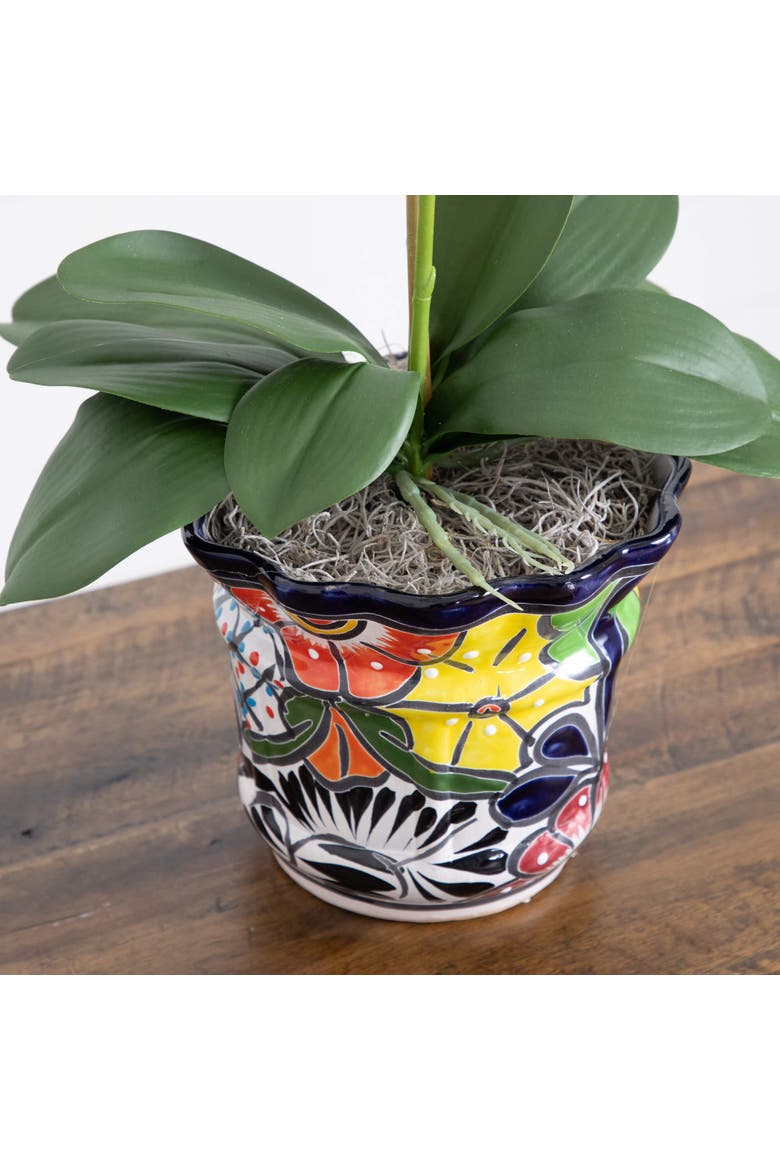 26-in Artificial Double Orchid Arrangement in Handmade Mexican Talavera Ceramic Planter, Alternate, color, Green