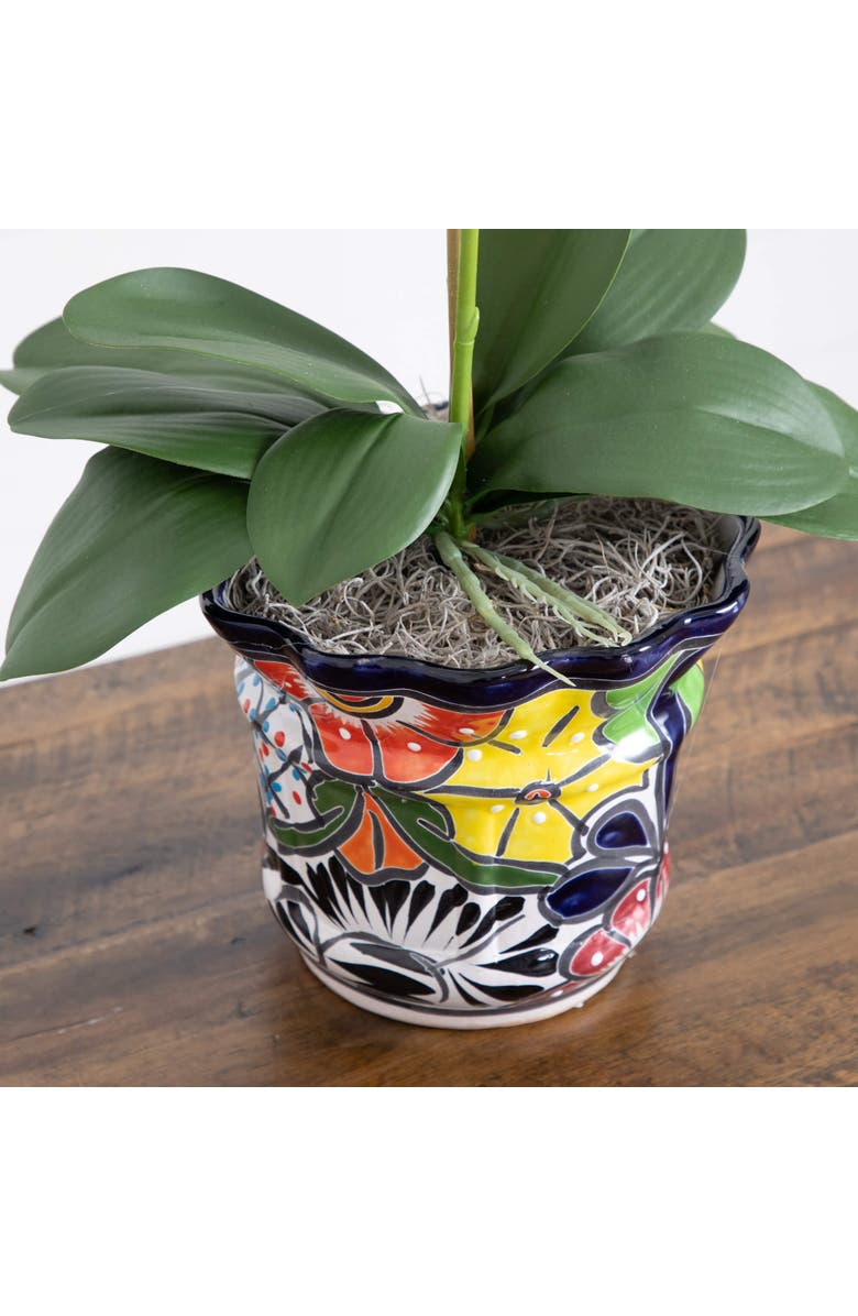 NEARLY NATURAL 26-in Artificial Double Orchid Arrangement in Handmade Mexican Talavera Ceramic Planter, Alternate, color, Green
