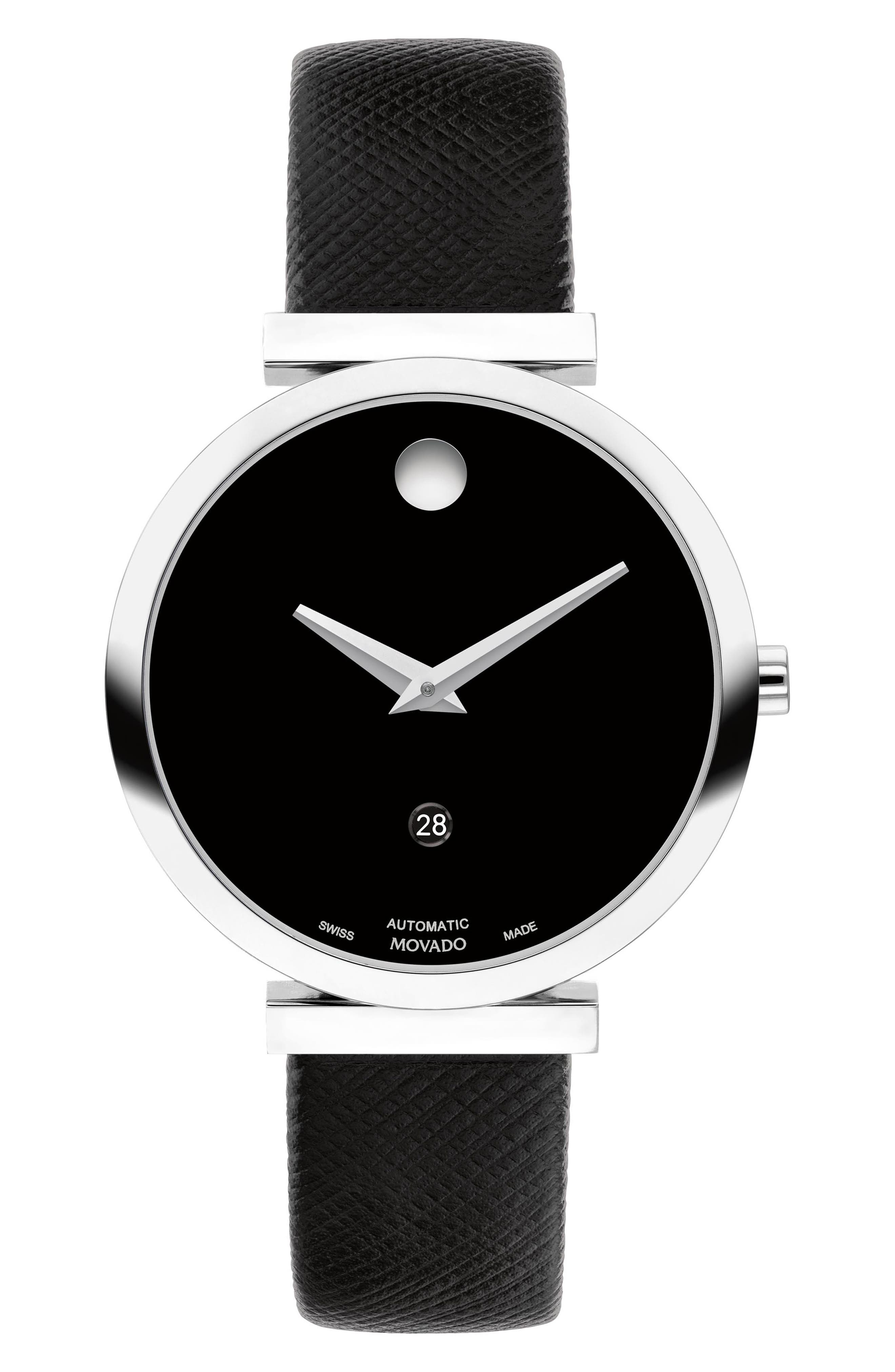 Movado Museum Classic 32mm women’s watch, signature single-dot minimalist dial, leather strap