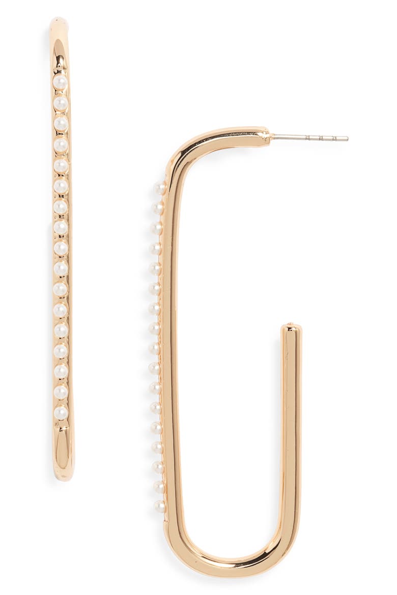 Faux Pearl Rectangle Hoop Earrings, Main, color, WHITE- GOLD