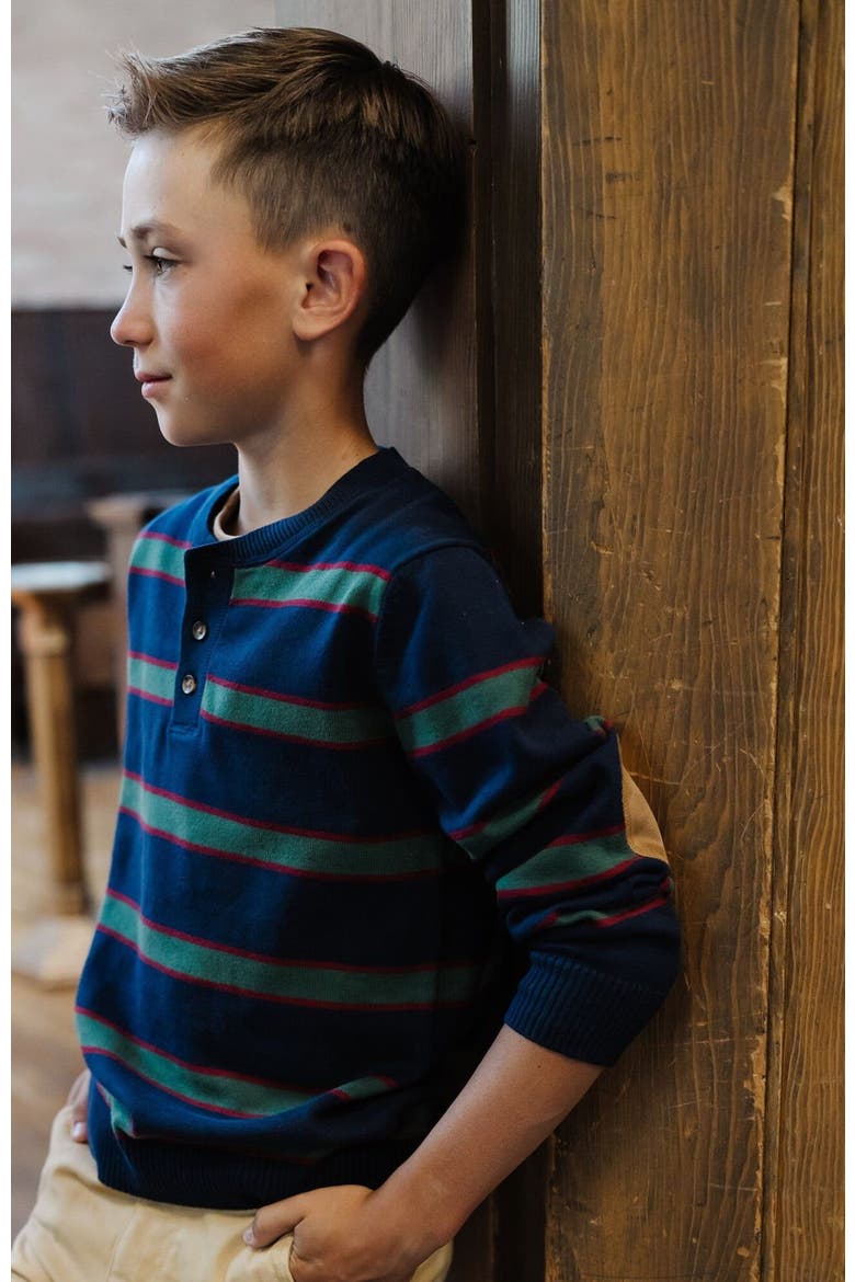 Boys' Organic Sweater Henley with Elbow Patches, Kids, Alternate, color, Navy Collegiate Green Stripe