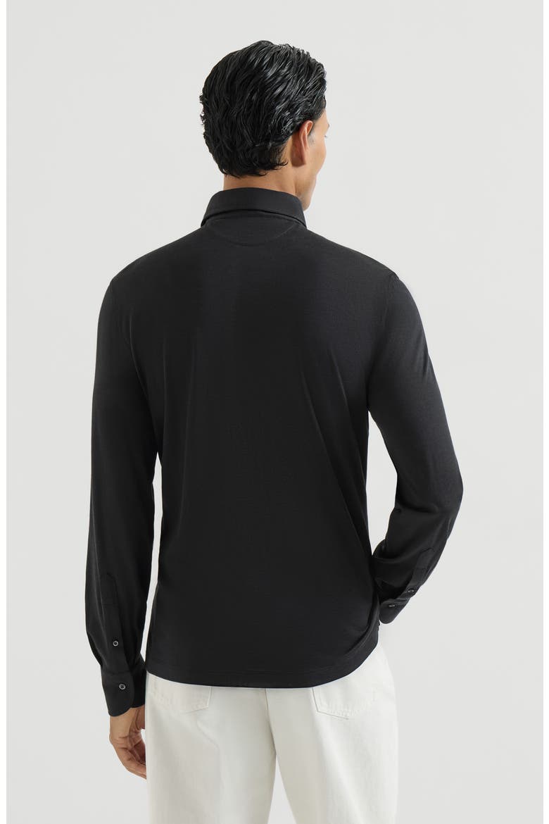 Silk and cotton lightweight jersey long sleeve polo with shirt-style collar, Alternate, color, Navy Blue