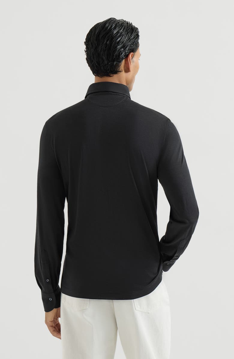 Brunello Cucinelli Silk and cotton lightweight jersey long sleeve polo with shirt-style collar, Alternate, color, Navy Blue