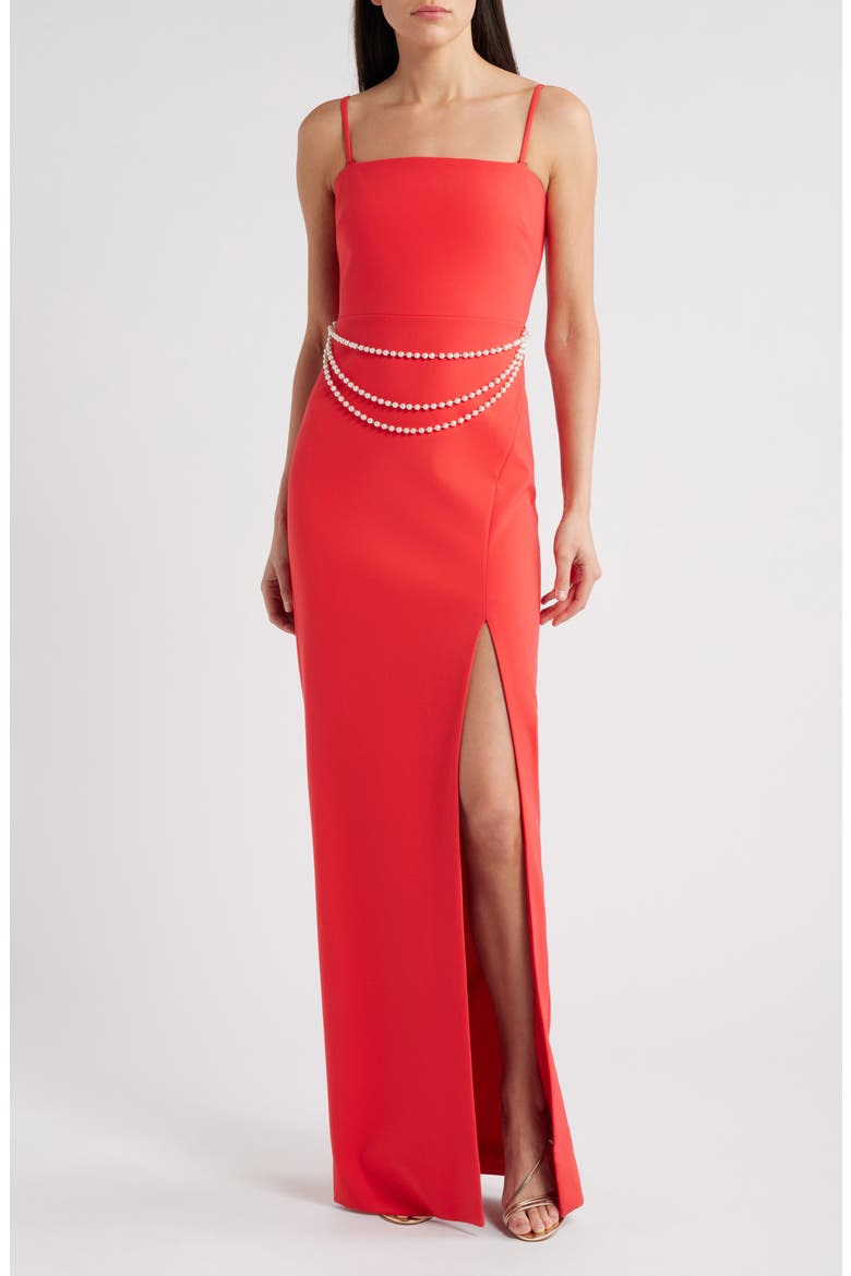 Josie Faux Pearl Belt Detail Column Gown, Main, color, BITTERSWEET