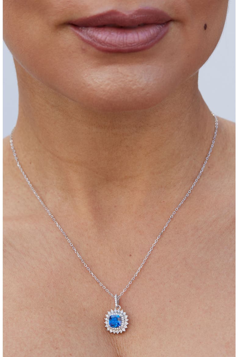 Cushion Cubic Zirconia Double Halo Pendant Necklace, Alternate, color, SAPPHIRE BLUE