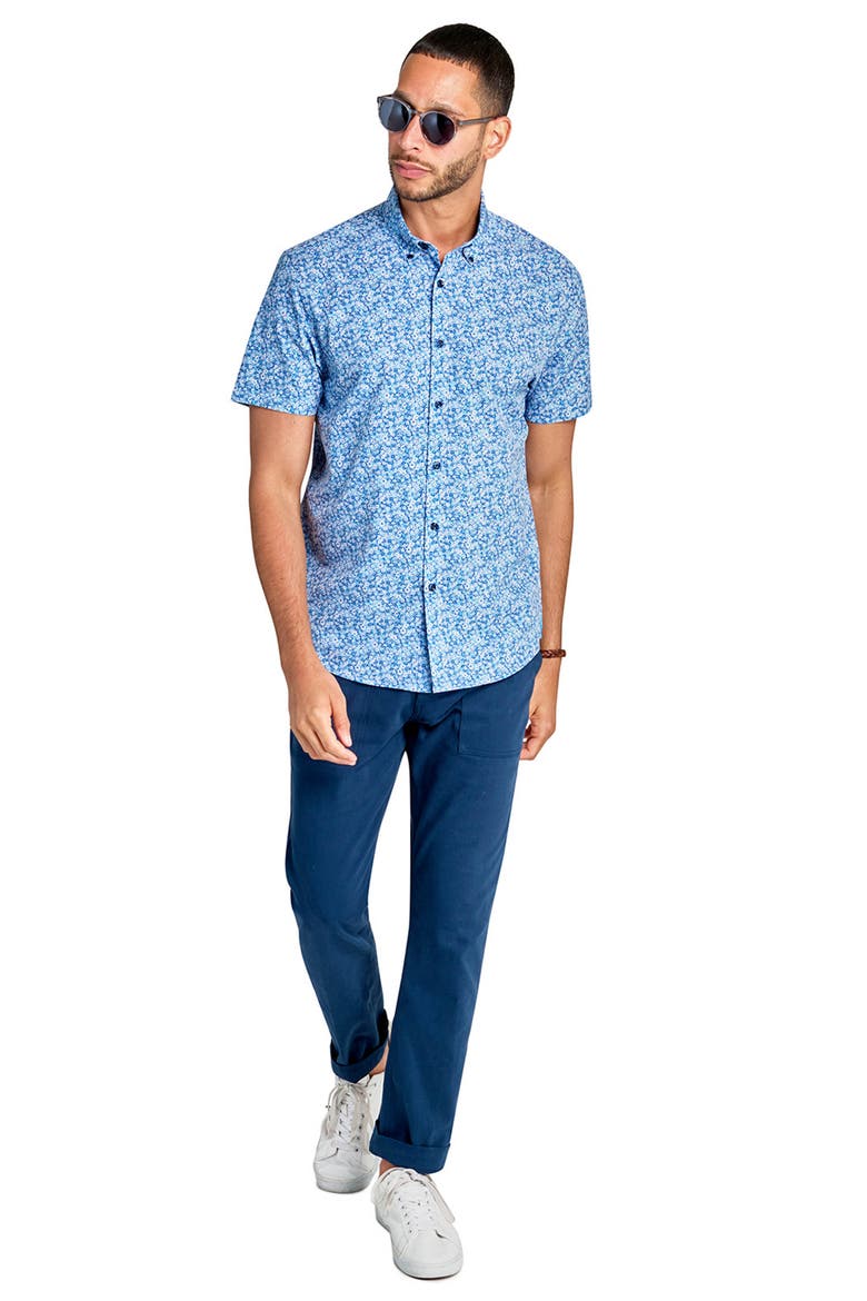 Micro Floral Short Sleeve Shirt, Alternate, color, BLUE