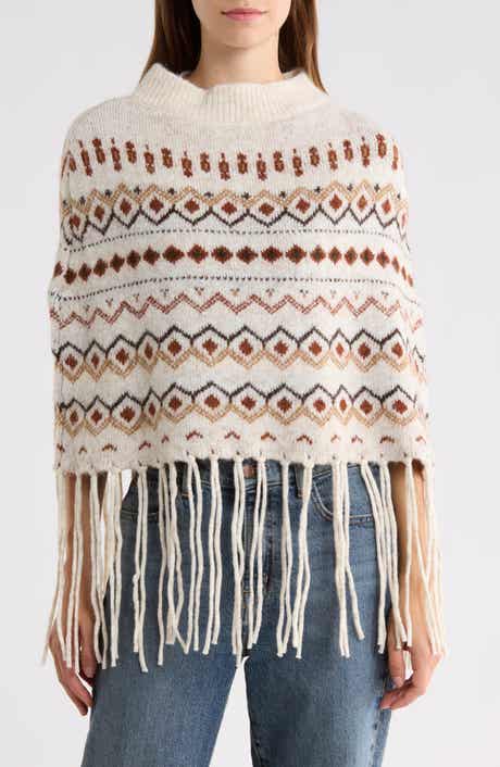 Fair Isle Fringe Trim Knit Poncho