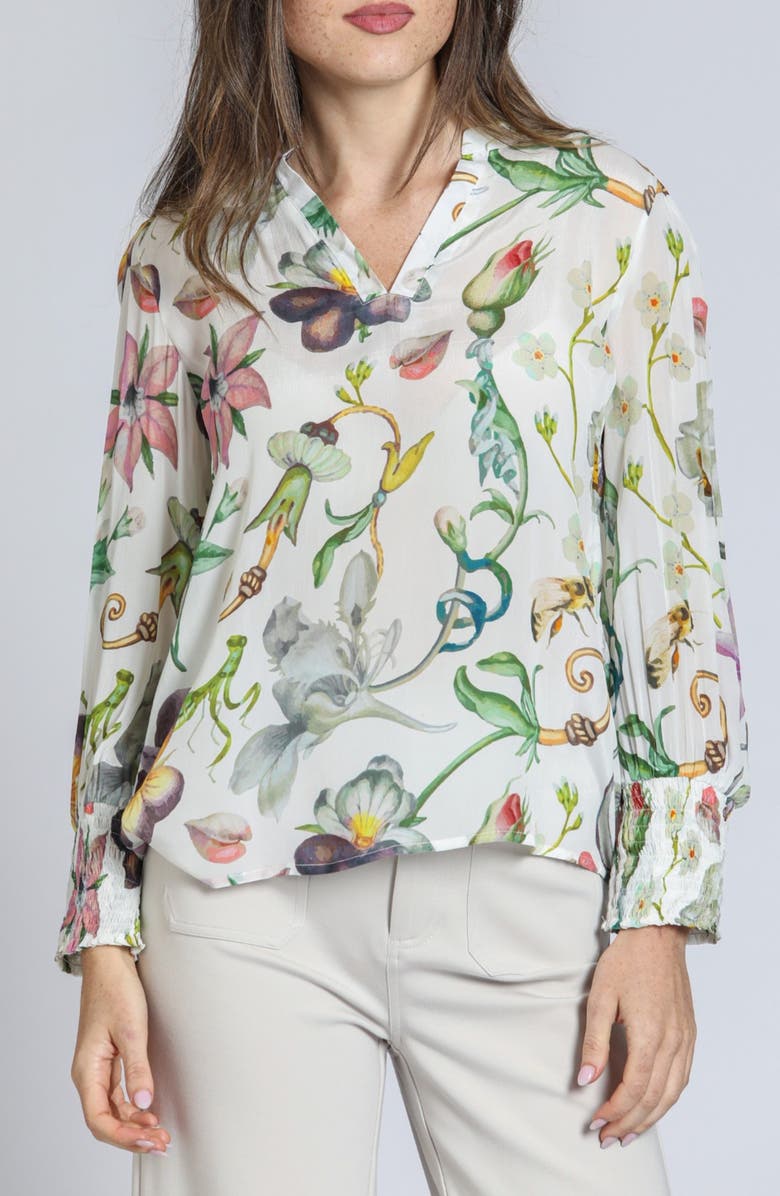 APNY Print Smocked Cuff Top, Main, color, White Multi