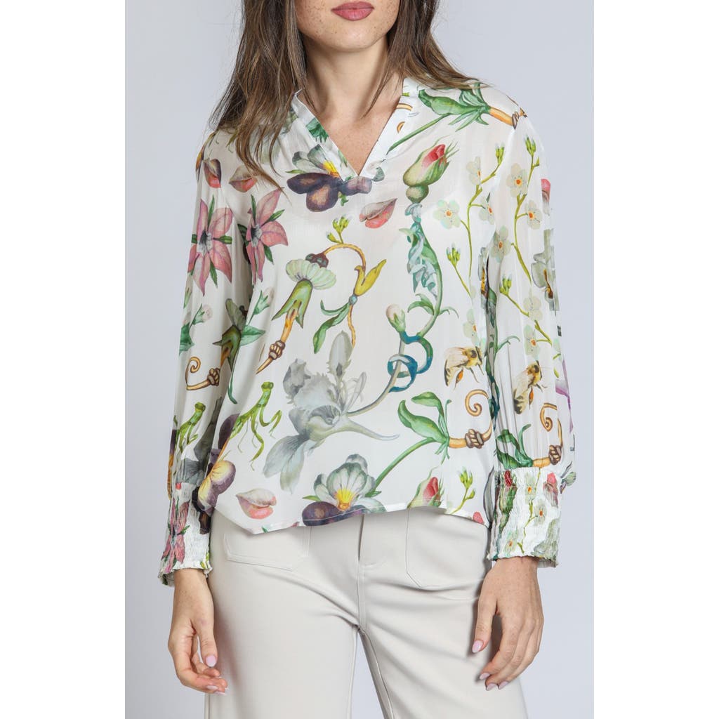 Apny Print Smocked Cuff Top In White Multi