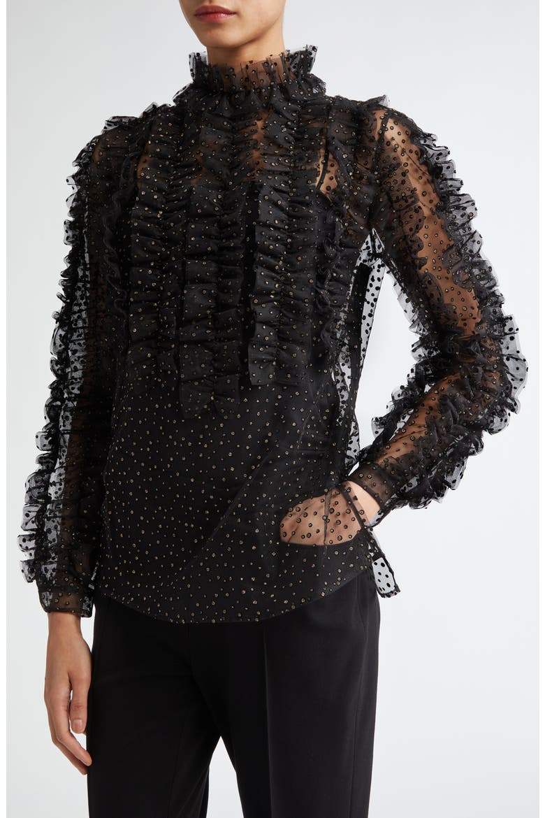 Embellished Sheer Ruffle Long Sleeve Tulle Top, Alternate, color, BLACK-GOLD