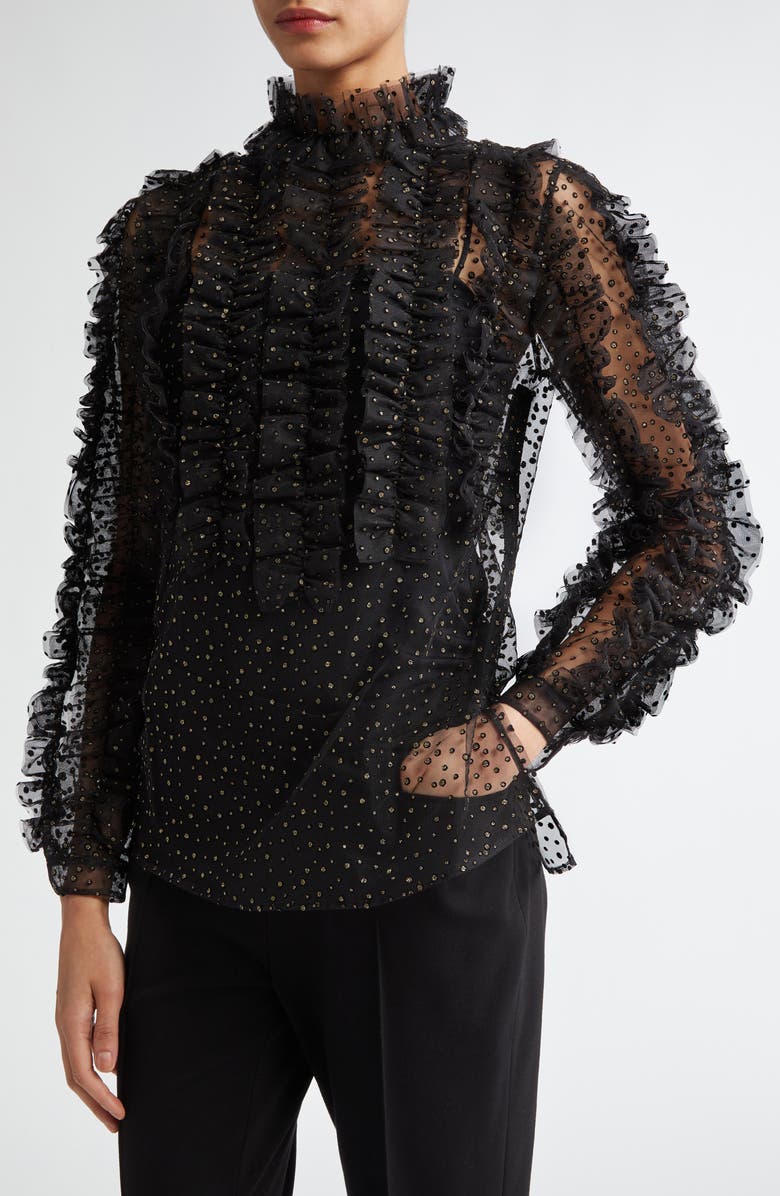 Akris punto Embellished Sheer Ruffle Long Sleeve Tulle Top, Alternate, color,