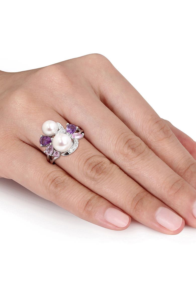 Sterling Silver 6.5-7mm & 7.5-8mm White Freshwater Cultured Pearl & Semi-Precious Stone Ring, Alternate, color, MULTI