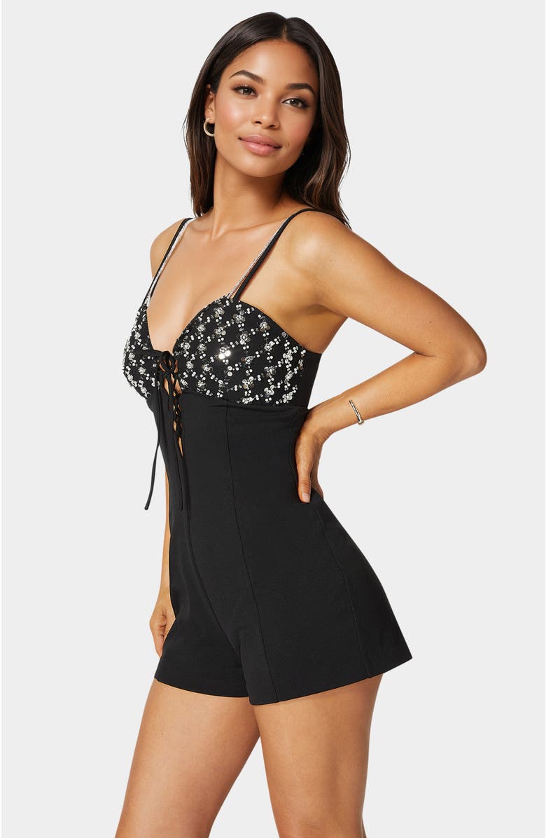 bebe Embellished Detail Knit Romper, Alternate, color, Black