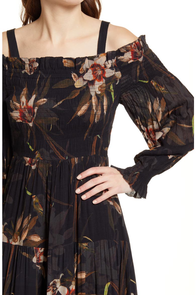 Lillemor Kuroyuri Floral Long Sleeve Midi Dress, Alternate, color, BLACK