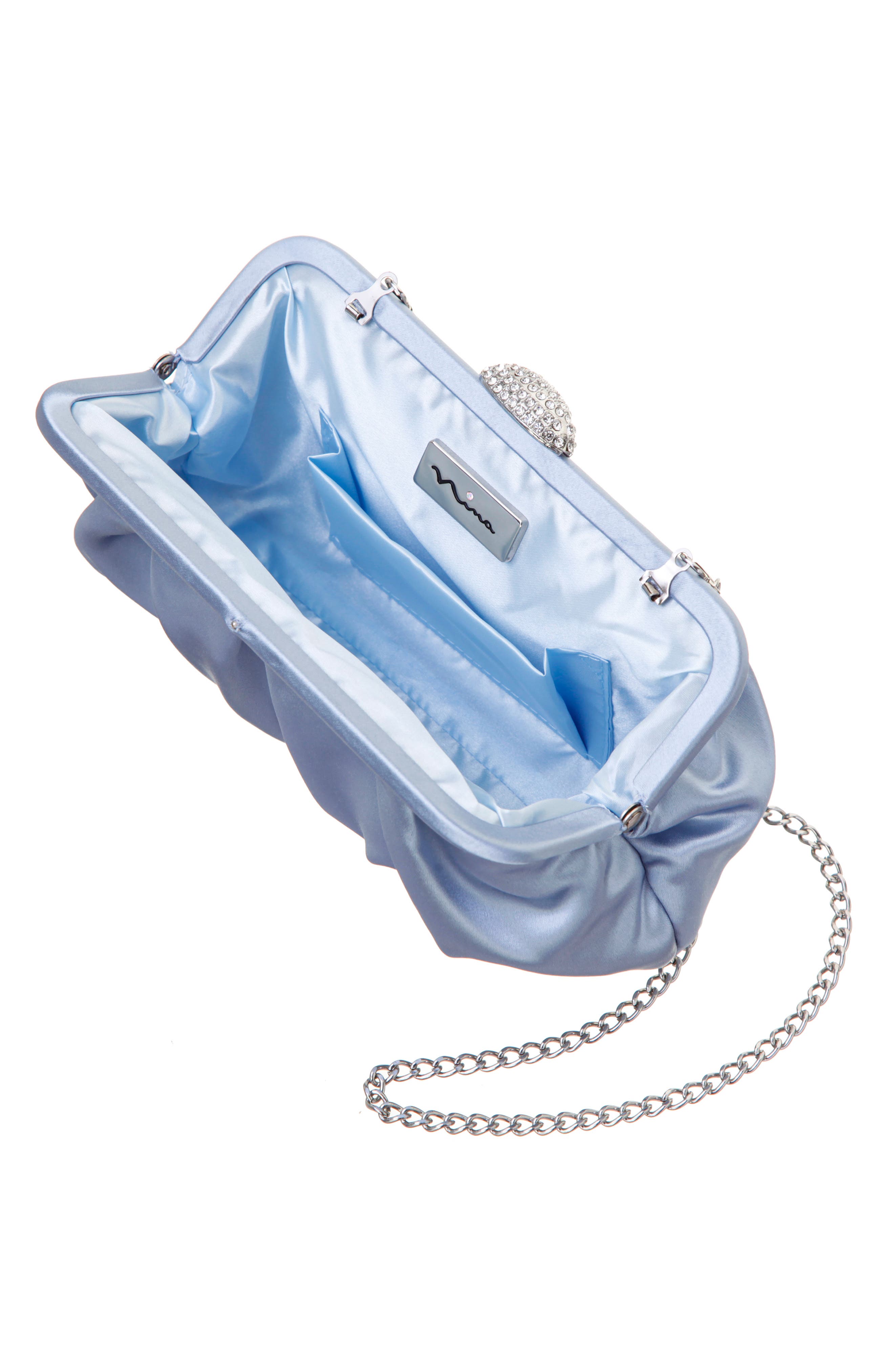 Concord Pleated Satin Frame Clutch, Alternate, color, ICY BLUE