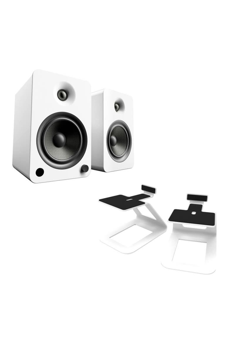 YU6 Powered Bookshelf Speakers with SE6 Elevated Desktop Speaker Stands, Main, color, Matte White