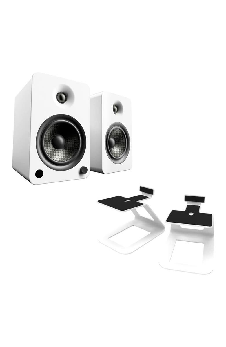 Kanto YU6 Powered Bookshelf Speakers with SE6 Elevated Desktop Speaker Stands, Main, color, Matte White