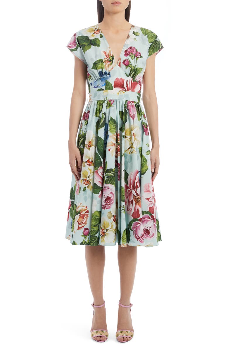 Dolce&Gabbana Floral Belted Cotton A-Line Dress, Main, color, 